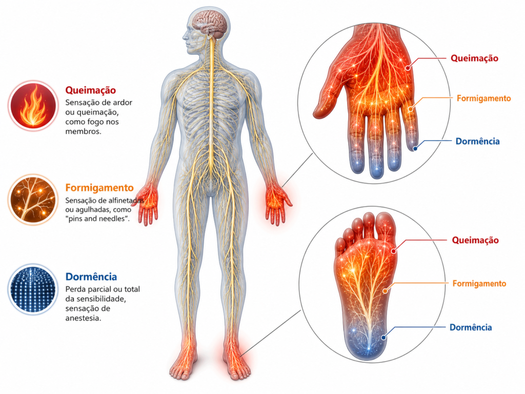 Sintomas da neuropatia periferica. Formigamento, queimação, dormencia